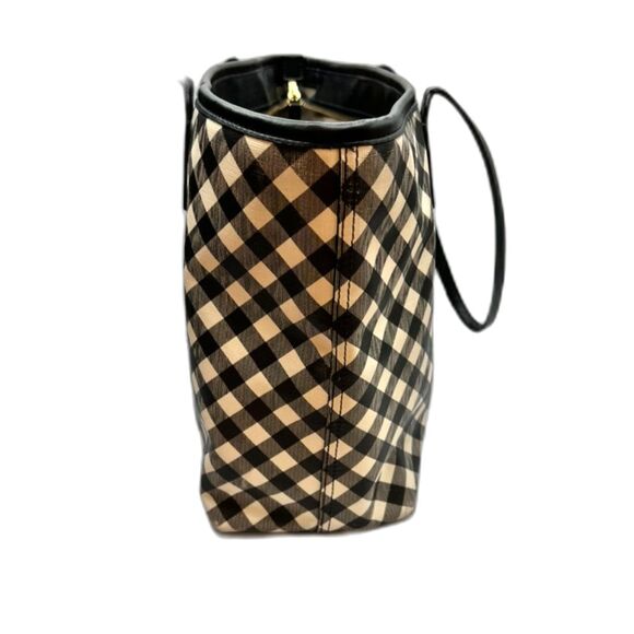 Talbots Gingham Tote WHT BLK Open Zip Top 2 Interior Pockets Wide Bottom - Picture 3 of 11